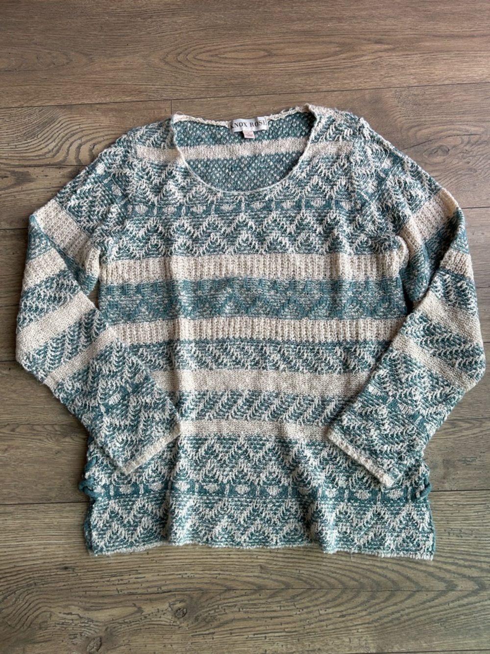 Knox Rose Teal and Cream Striped Scoop-Neck Knit Sweater